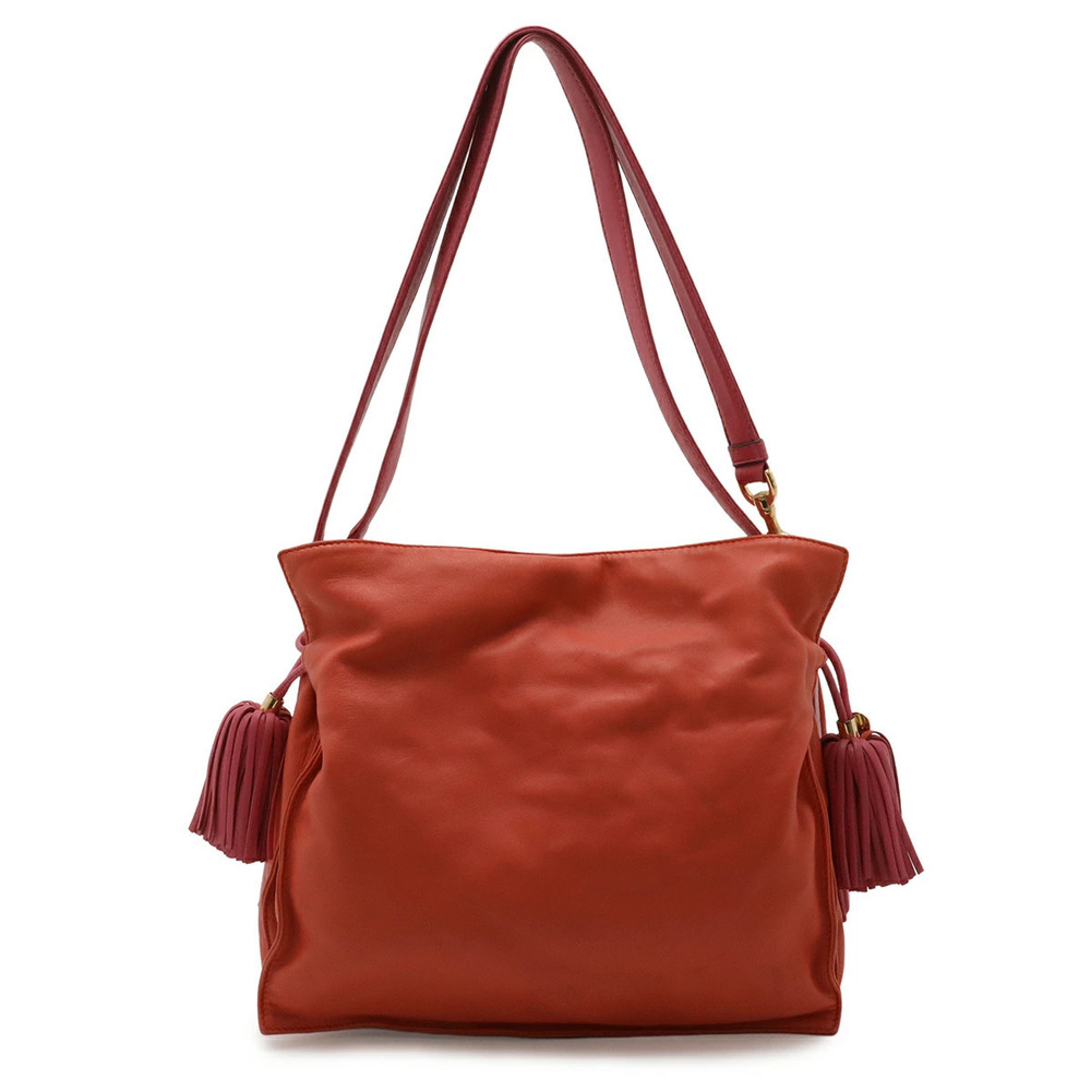 Loewe Flamenco Anagram Shoulder Bag Hobo Bi Fringe Nappa Leather Red Pink